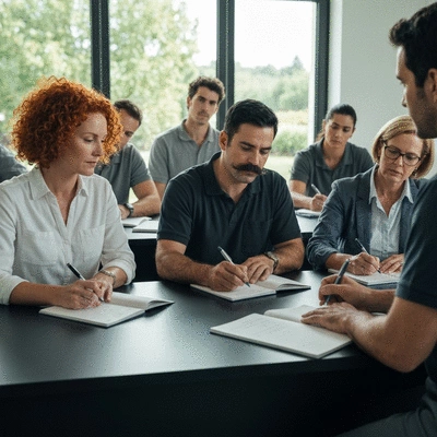 Group of diverse workers attending a safety training session on hearing protection in a modern classroom, no text, no words, no typography