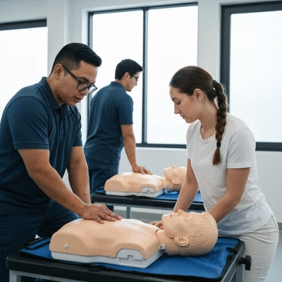 First aid training levels overview with people demonstrating basic CPR and wound care