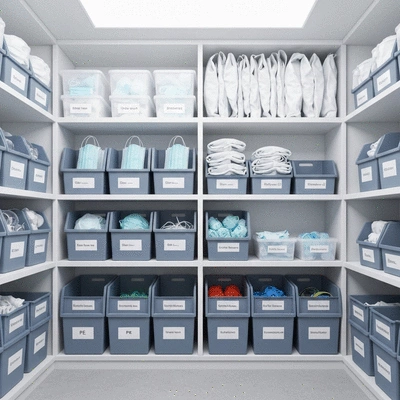 Organized PPE storage room with shelves and clearly labeled bins