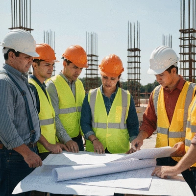 Workers in hard hats and high-visibility vests on a construction site, looking at blueprints