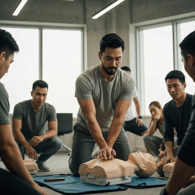 A group of diverse employees actively participating in a first aid training session in a bright, modern office setting. They are engaged with an instructor, practicing CPR or bandaging techniques. Focus on learning and collaboration, no text, no words, no typography, 8K, lifestyle photography.