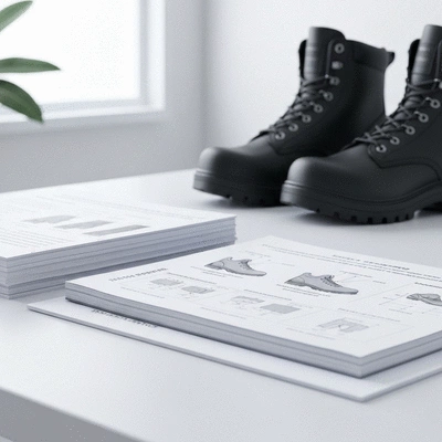 Documents outlining safety footwear standards on a desk