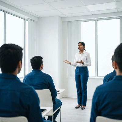 Safety Manager discussing policies with a team in an office setting