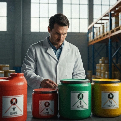 Worker reviewing chemical safety labels on containers in a warehouse