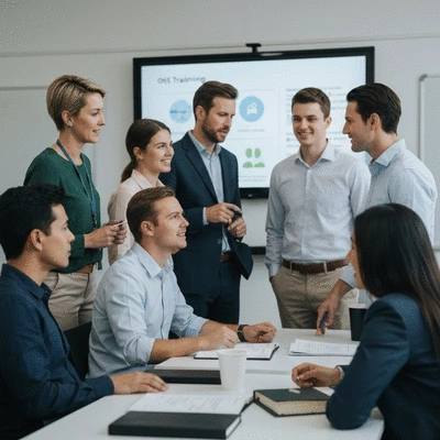 Diverse group of professionals engaged in an interactive OHS training session, some looking at a screen, others discussing, no text, no words, no typography, 8K