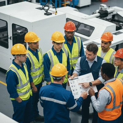 Diverse group of workers in a factory setting discussing safety procedures