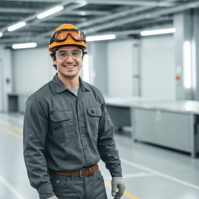 Worker wearing budget-friendly yet certified safety helmet and goggles, smiling confidently