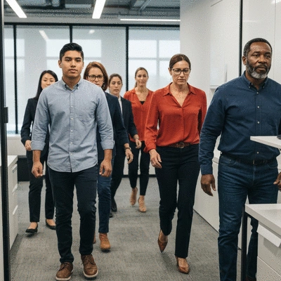 Diverse group of employees participating in a workplace emergency preparedness drill, practicing evacuation procedures, clear, professional photography, no text, no words, no typography, 8K