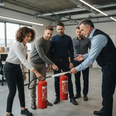 Diverse group of employees participating in hands-on fire safety training with a fire extinguisher, supervised by an instructor, in a modern workplace setting, no text, no words, no typography, 8K, natural lighting