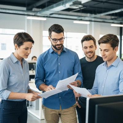Workplace safety expert reviewing compliance documents with a team in a modern office, showing collaboration and focus