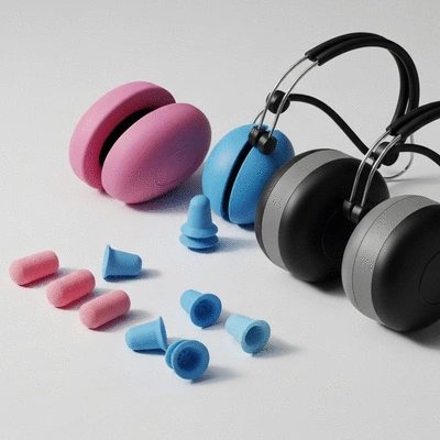 Various types of earplugs and earmuffs laid out on a clean surface