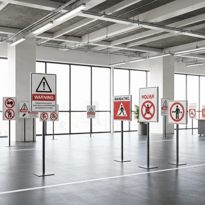 Workplace safety signs, clean and clear, in a modern industrial setting