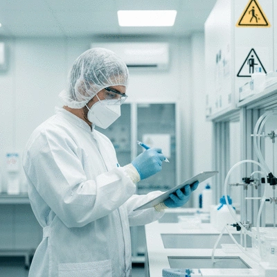Worker in protective gear conducting a risk assessment in a laboratory setting