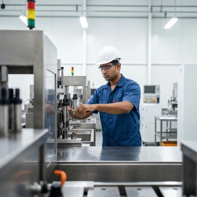 Industrial worker wearing PPE and safety glasses operating machinery in a clean and organized factory environment