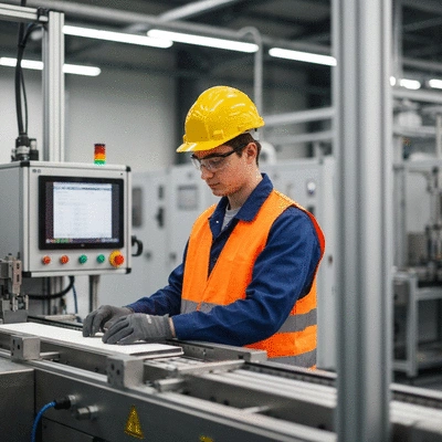 Worker wearing safety gear in a modern factory setting