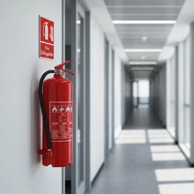Modern red fire extinguisher clearly visible in a workplace hallway, mounted on a wall with proper signage, clean and functional, no text, no words, no typography, 8K, natural lighting