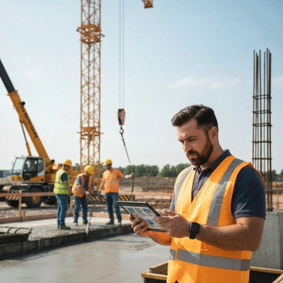 Construction site manager reviewing safety regulations on a tablet with workers in background