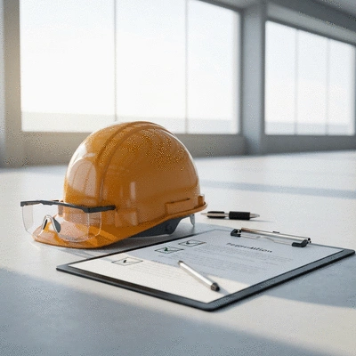 Abstract representation of safety regulations and compliance with a hard hat and safety glasses