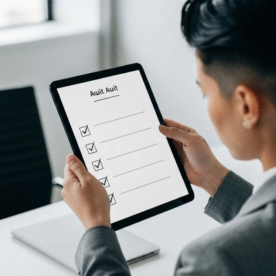 Person using a tablet to check off items on a digital audit checklist