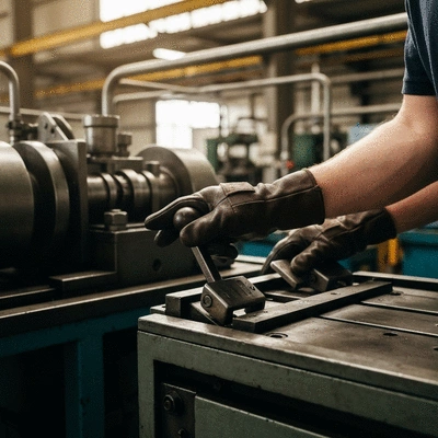 Close-up of a worker's hands wearing safety gloves, operating machinery in a manufacturing plant