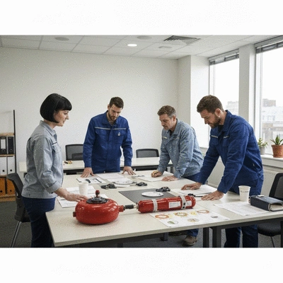 Workers participating in a workplace safety training session, learning about emergency response, in a modern office, no text, no words, no typography, 8K