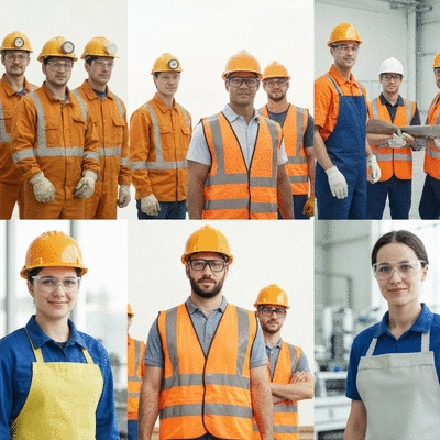 Workers in different industries (mining, construction, manufacturing) wearing appropriate PPE and looking safe, no text, no words, no typography, no labels, clean image
