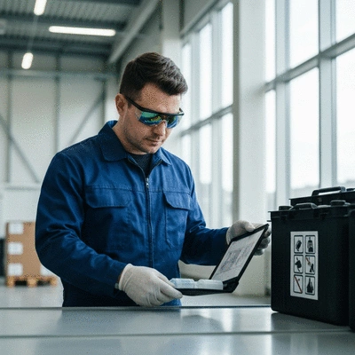 Industrial worker inspecting a spill kit in a warehouse, clean image, high resolution