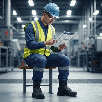 Industrial worker in PPE reviewing safety data sheet, clean image, no text