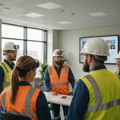 Group of diverse miners in safety gear participating in a training session, looking engaged and serious
