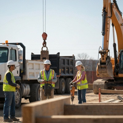Group of construction workers attending a safety training session outdoors