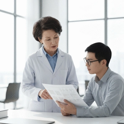 Medical professional explaining health report to an employee in a modern office setting