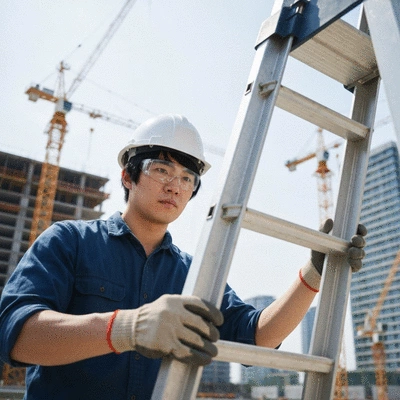 Construction worker performing ladder inspection before use