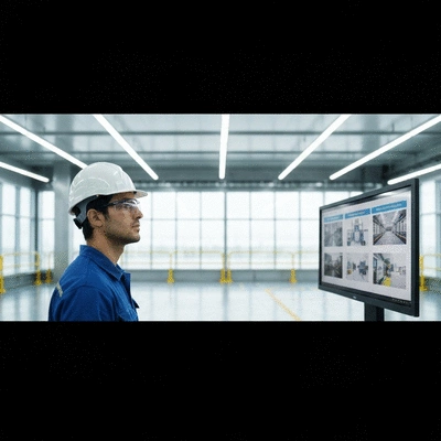 Worker attending a safety training session, wearing safety glasses and a hard hat