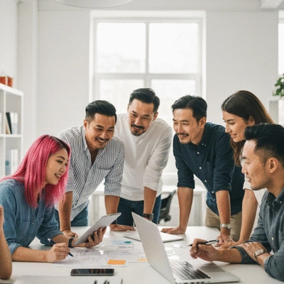Diverse group of employees in a modern office collaborating, showcasing well-being and productivity