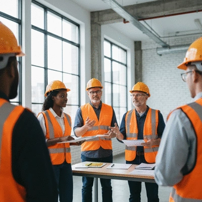 Diverse group of employees in safety gear attending a safety training session, actively participating and discussing, in a modern industrial setting, no text, no words, no typography, no labels, clean image