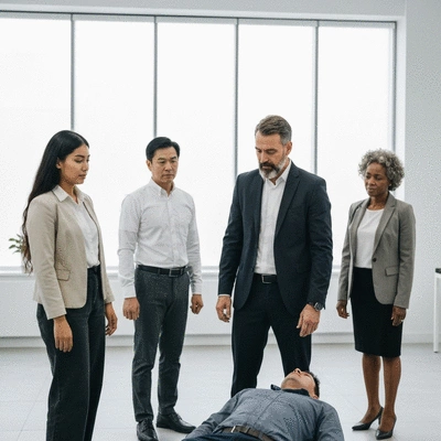 Professional safety trainer leading a group of diverse employees through an emergency response simulation, demonstrating first aid, clean, modern office background, no text, no words, no typography, 8K