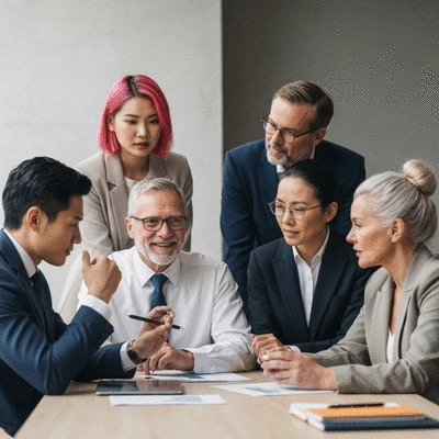 Diverse team of professionals collaborating around a table, symbolizing change management and smooth transitions