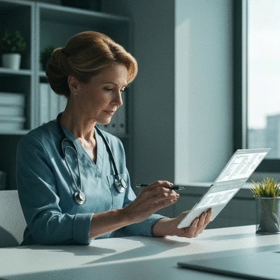OHS professional reviewing digital health records on a tablet, demonstrating data protection and compliance