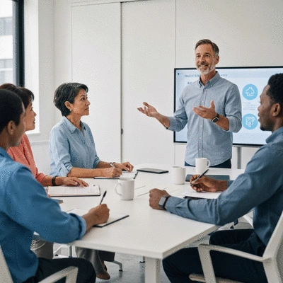 Group of diverse employees attending a health and safety training session in a corporate meeting room