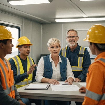 Diverse construction team in a safety meeting, actively discussing regulations