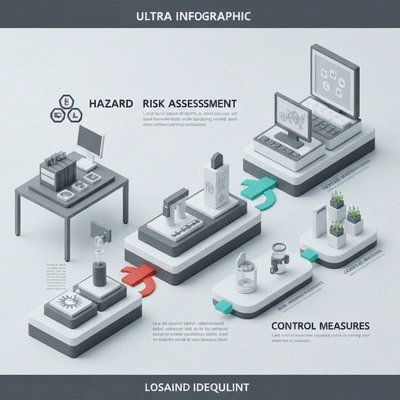 Infographic illustrating steps of hazard identification, risk assessment, and control measures in a workplace setting