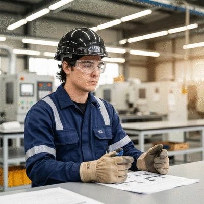 Worker participating in OHS training session with modern safety equipment