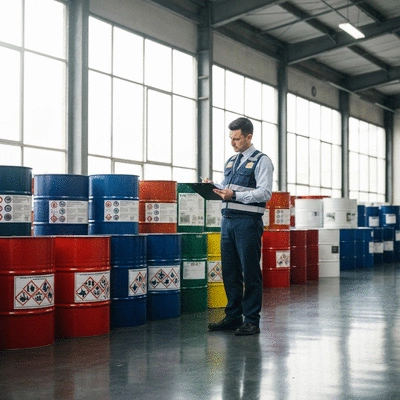 Safety inspector reviewing GHS compliant labels on chemical drums in an industrial setting