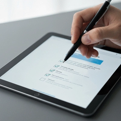 Hand holding a pen, pointing at a checklist on a tablet screen, symbolizing a training needs analysis, no text, no words, no typography, 8K