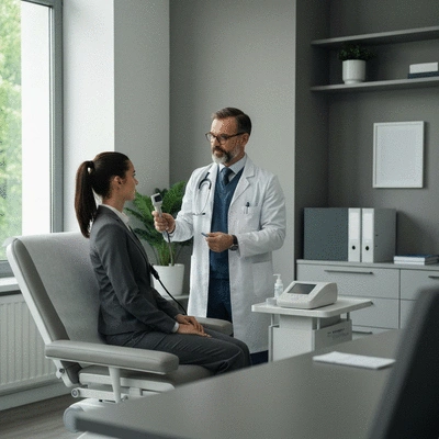 Medical professional conducting a health screening for an employee in a modern office setting