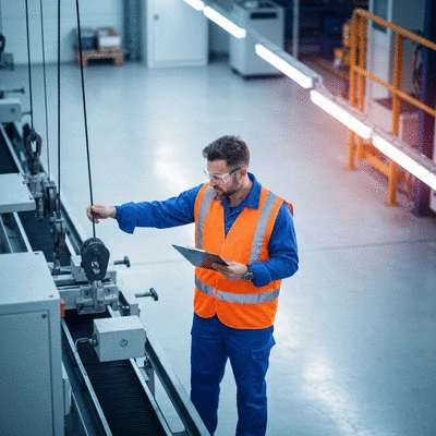 Worker inspecting safety equipment on a factory floor