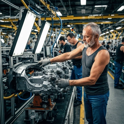 Close-up of a worker's hands adjusting a PAPR system in a manufacturing setting