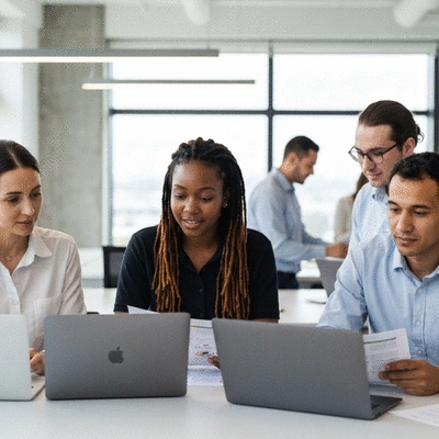 OHS Hub South Africa team members collaborating on safety documents in a modern office