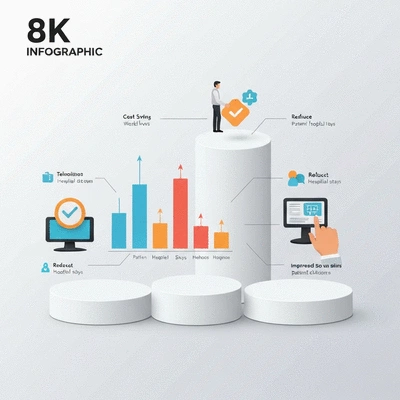 Infographic showing cost savings and improved productivity due to telemedicine, clean design, no text, no words, no typography