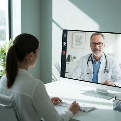 Healthcare professional consulting with employee via telemedicine on a screen, clean modern office background, no text, no words, no typography